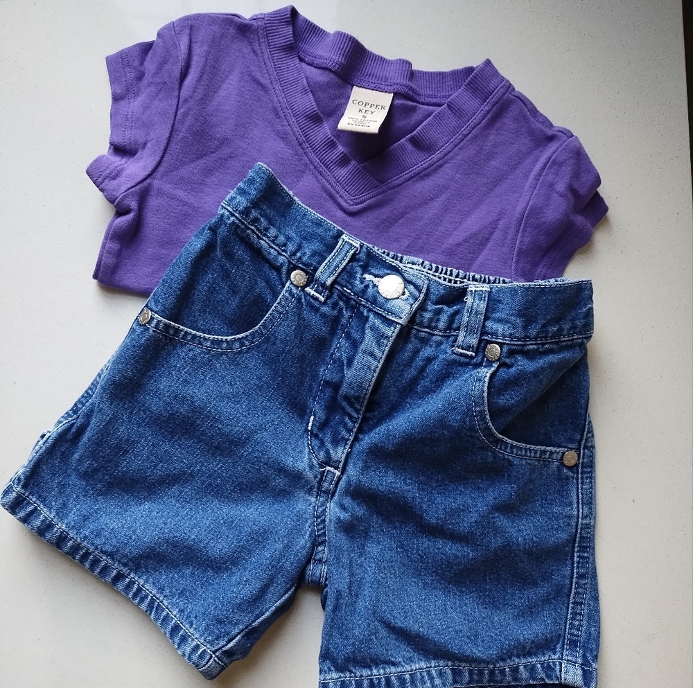 VTG Copper Key Purple Top & Denim Shorts Girls' Size 5 & 4T